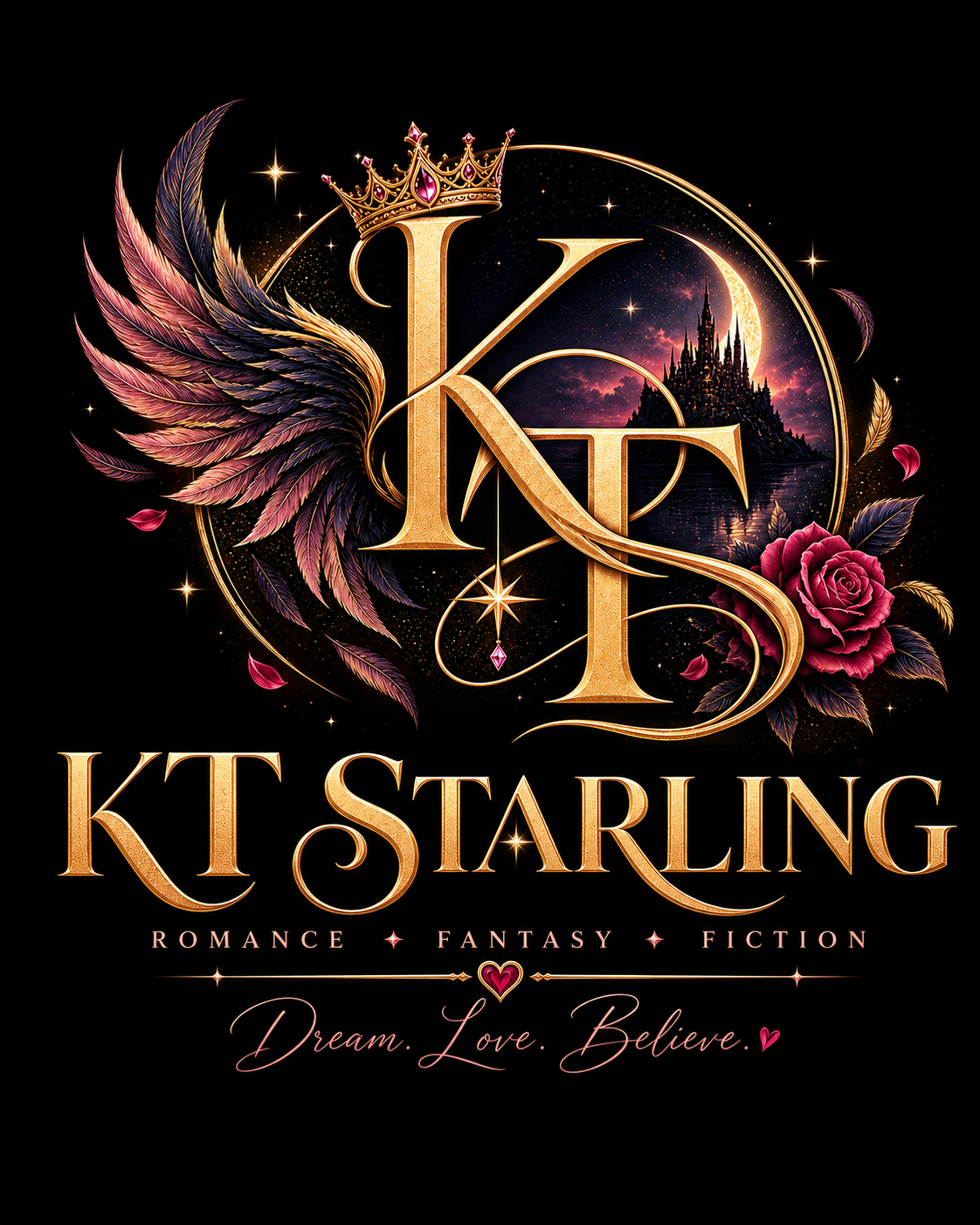 KT Starling crest — winged gold monogram with crown and rose